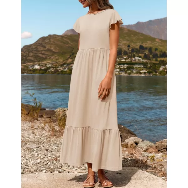 imageZESICA Womens 2024 Summer Casual Dresses Flutter Short Sleeve Crewneck Loose Flowy Tiered Beach Maxi Dress with PocketsApricot