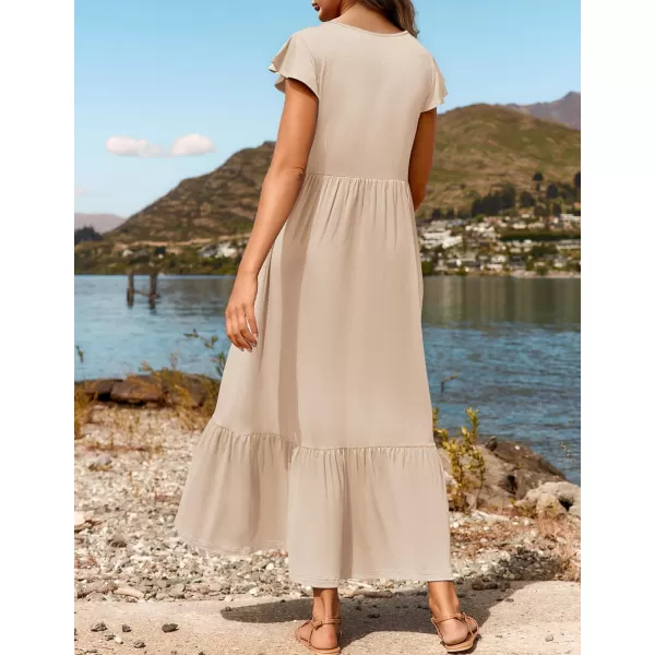 imageZESICA Womens 2024 Summer Casual Dresses Flutter Short Sleeve Crewneck Loose Flowy Tiered Beach Maxi Dress with PocketsApricot