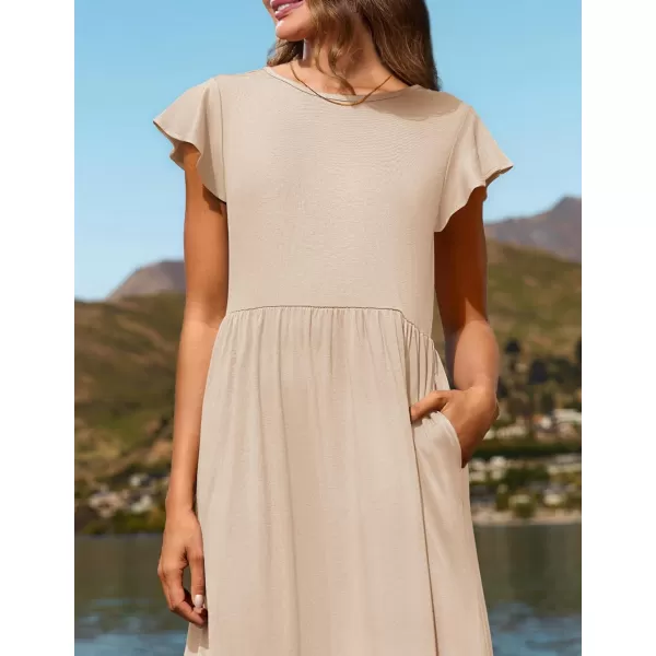 imageZESICA Womens 2024 Summer Casual Dresses Flutter Short Sleeve Crewneck Loose Flowy Tiered Beach Maxi Dress with PocketsApricot