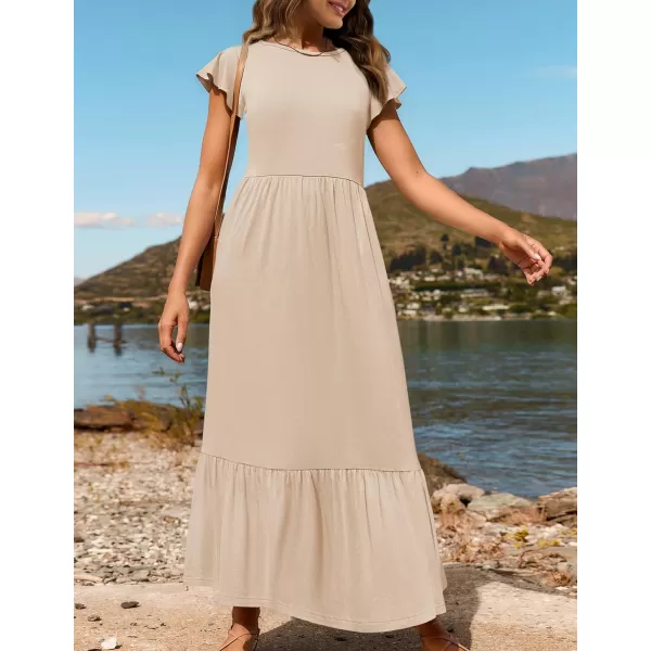 imageZESICA Womens 2024 Summer Casual Dresses Flutter Short Sleeve Crewneck Loose Flowy Tiered Beach Maxi Dress with PocketsApricot