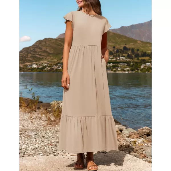 imageZESICA Womens 2024 Summer Casual Dresses Flutter Short Sleeve Crewneck Loose Flowy Tiered Beach Maxi Dress with PocketsApricot