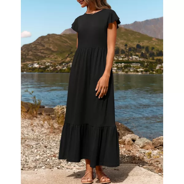 imageZESICA Womens 2024 Summer Casual Dresses Flutter Short Sleeve Crewneck Loose Flowy Tiered Beach Maxi Dress with PocketsBlack