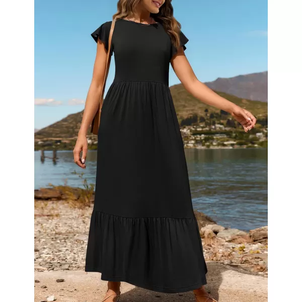 imageZESICA Womens 2024 Summer Casual Dresses Flutter Short Sleeve Crewneck Loose Flowy Tiered Beach Maxi Dress with PocketsBlack