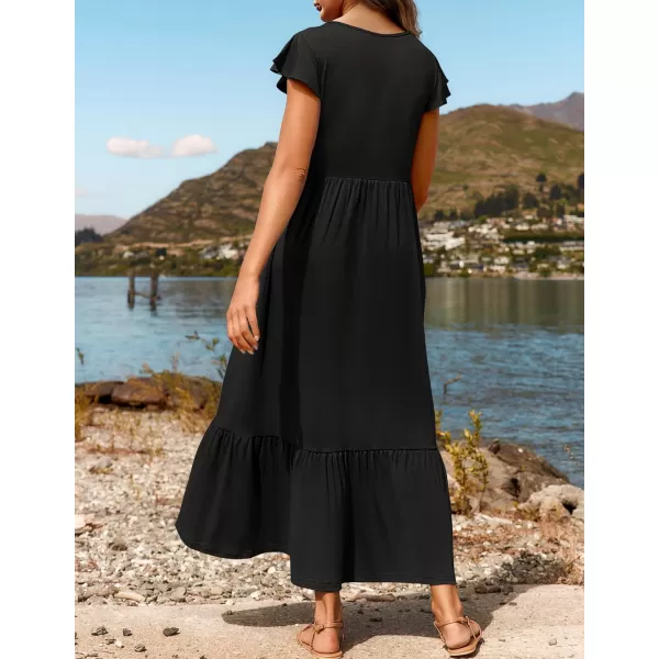 imageZESICA Womens 2024 Summer Casual Dresses Flutter Short Sleeve Crewneck Loose Flowy Tiered Beach Maxi Dress with PocketsBlack