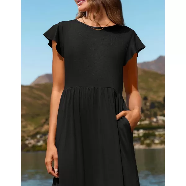 imageZESICA Womens 2024 Summer Casual Dresses Flutter Short Sleeve Crewneck Loose Flowy Tiered Beach Maxi Dress with PocketsBlack
