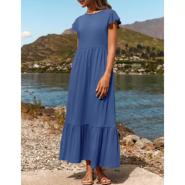 imageZESICA Womens 2024 Summer Casual Dresses Flutter Short Sleeve Crewneck Loose Flowy Tiered Beach Maxi Dress with PocketsDustyblue
