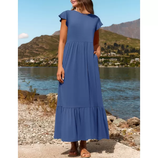 imageZESICA Womens 2024 Summer Casual Dresses Flutter Short Sleeve Crewneck Loose Flowy Tiered Beach Maxi Dress with PocketsDustyblue