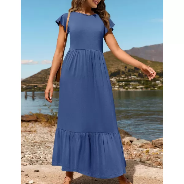 imageZESICA Womens 2024 Summer Casual Dresses Flutter Short Sleeve Crewneck Loose Flowy Tiered Beach Maxi Dress with PocketsDustyblue