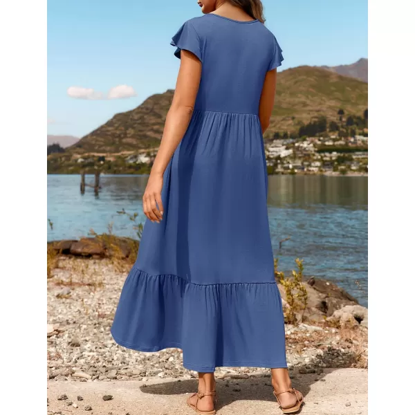 imageZESICA Womens 2024 Summer Casual Dresses Flutter Short Sleeve Crewneck Loose Flowy Tiered Beach Maxi Dress with PocketsDustyblue