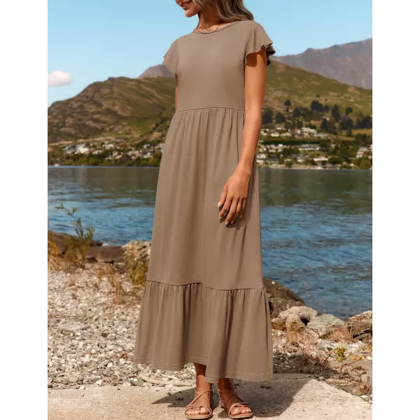 imageZESICA Womens 2024 Summer Casual Dresses Flutter Short Sleeve Crewneck Loose Flowy Tiered Beach Maxi Dress with PocketsKhaki