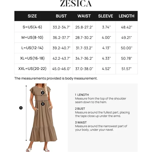imageZESICA Womens 2024 Summer Casual Dresses Flutter Short Sleeve Crewneck Loose Flowy Tiered Beach Maxi Dress with PocketsKhaki
