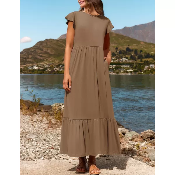 imageZESICA Womens 2024 Summer Casual Dresses Flutter Short Sleeve Crewneck Loose Flowy Tiered Beach Maxi Dress with PocketsKhaki