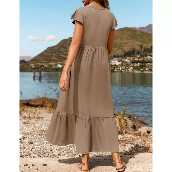 imageZESICA Womens 2024 Summer Casual Dresses Flutter Short Sleeve Crewneck Loose Flowy Tiered Beach Maxi Dress with PocketsKhaki
