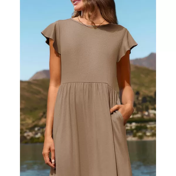 imageZESICA Womens 2024 Summer Casual Dresses Flutter Short Sleeve Crewneck Loose Flowy Tiered Beach Maxi Dress with PocketsKhaki
