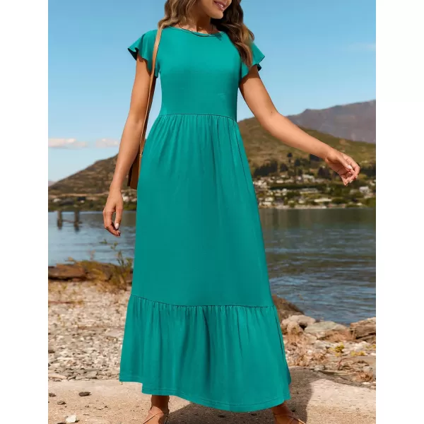 imageZESICA Womens 2024 Summer Casual Dresses Flutter Short Sleeve Crewneck Loose Flowy Tiered Beach Maxi Dress with PocketsLakegreen