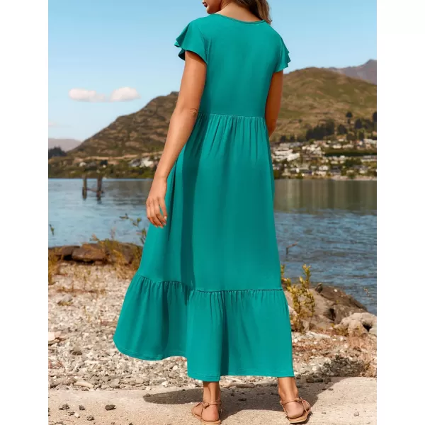 imageZESICA Womens 2024 Summer Casual Dresses Flutter Short Sleeve Crewneck Loose Flowy Tiered Beach Maxi Dress with PocketsLakegreen