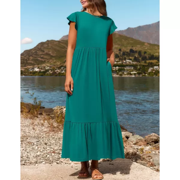 imageZESICA Womens 2024 Summer Casual Dresses Flutter Short Sleeve Crewneck Loose Flowy Tiered Beach Maxi Dress with PocketsLakegreen