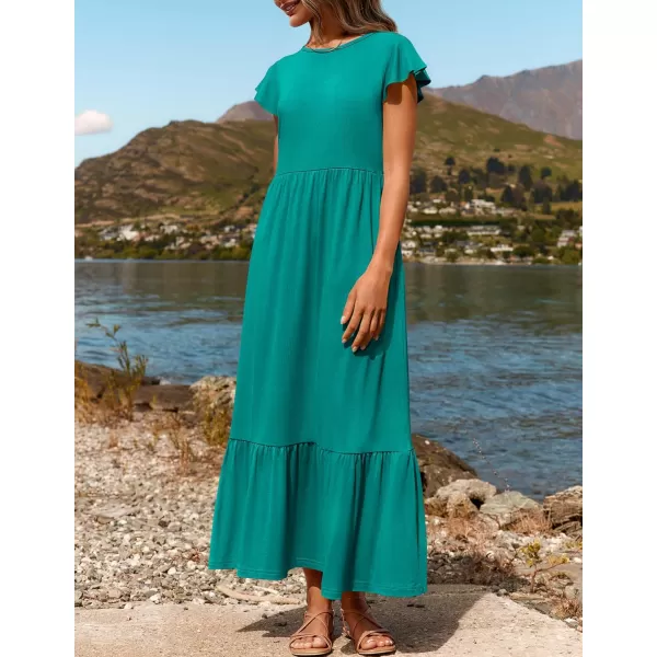 imageZESICA Womens 2024 Summer Casual Dresses Flutter Short Sleeve Crewneck Loose Flowy Tiered Beach Maxi Dress with PocketsLakegreen