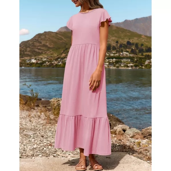 imageZESICA Womens 2024 Summer Casual Dresses Flutter Short Sleeve Crewneck Loose Flowy Tiered Beach Maxi Dress with PocketsPink