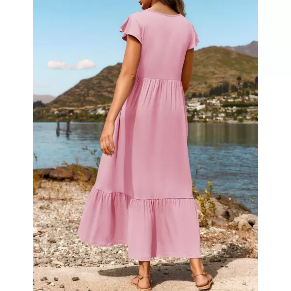 imageZESICA Womens 2024 Summer Casual Dresses Flutter Short Sleeve Crewneck Loose Flowy Tiered Beach Maxi Dress with PocketsPink