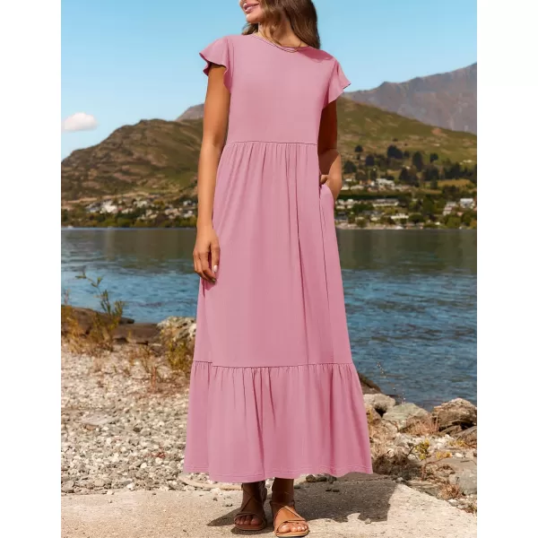 imageZESICA Womens 2024 Summer Casual Dresses Flutter Short Sleeve Crewneck Loose Flowy Tiered Beach Maxi Dress with PocketsPink
