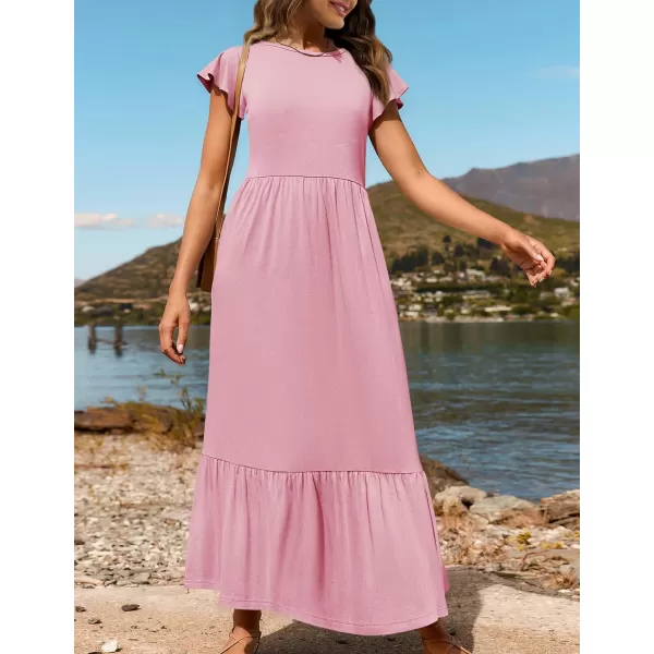 imageZESICA Womens 2024 Summer Casual Dresses Flutter Short Sleeve Crewneck Loose Flowy Tiered Beach Maxi Dress with PocketsPink