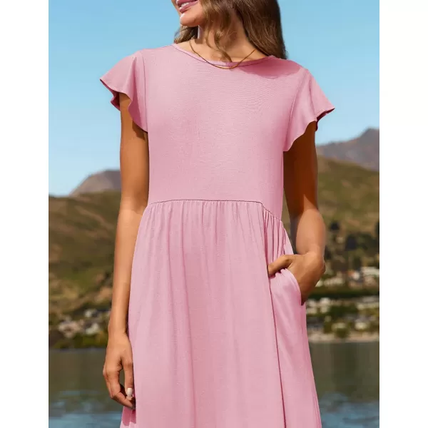 imageZESICA Womens 2024 Summer Casual Dresses Flutter Short Sleeve Crewneck Loose Flowy Tiered Beach Maxi Dress with PocketsPink