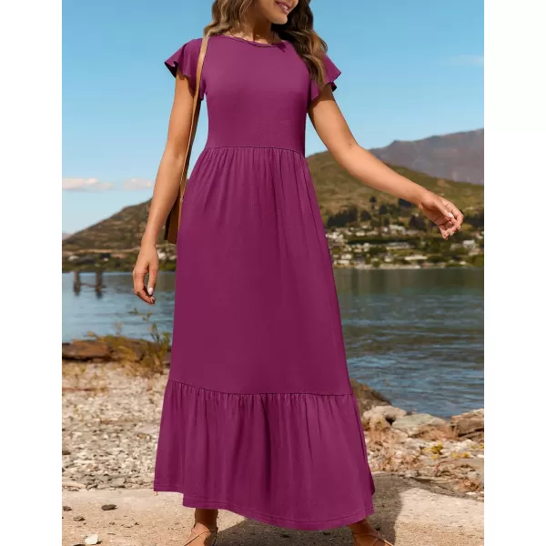 imageZESICA Womens 2024 Summer Casual Dresses Flutter Short Sleeve Crewneck Loose Flowy Tiered Beach Maxi Dress with PocketsPlum