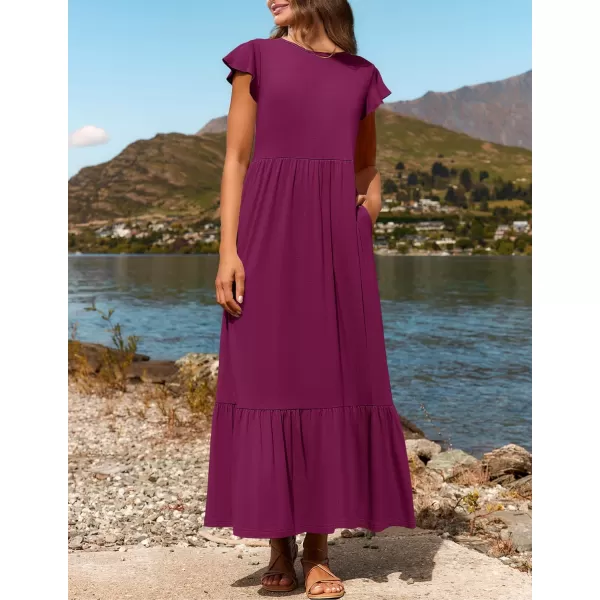 imageZESICA Womens 2024 Summer Casual Dresses Flutter Short Sleeve Crewneck Loose Flowy Tiered Beach Maxi Dress with PocketsPlum