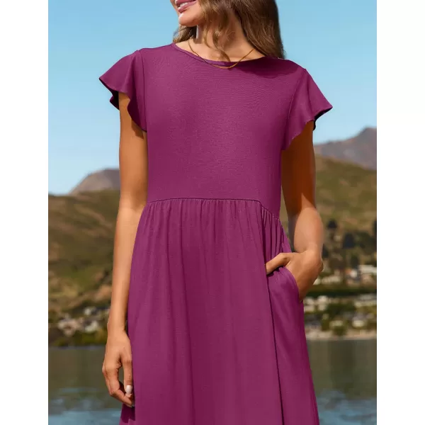 imageZESICA Womens 2024 Summer Casual Dresses Flutter Short Sleeve Crewneck Loose Flowy Tiered Beach Maxi Dress with PocketsPlum