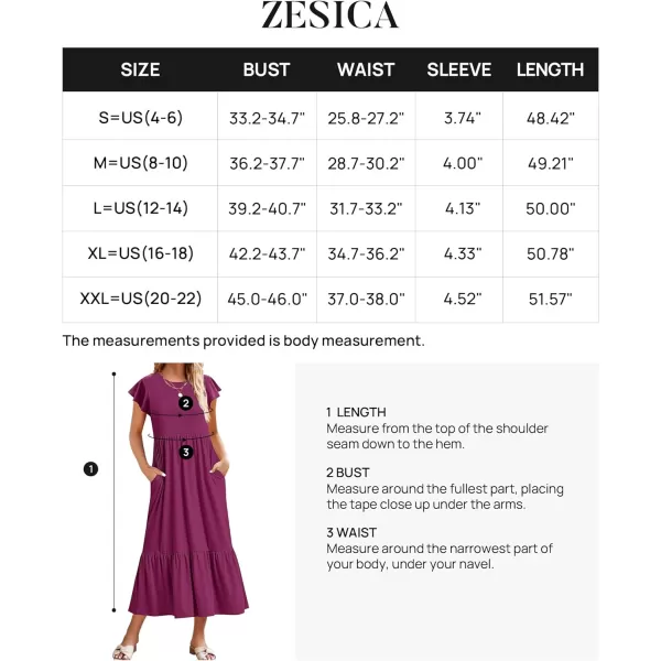 imageZESICA Womens 2024 Summer Casual Dresses Flutter Short Sleeve Crewneck Loose Flowy Tiered Beach Maxi Dress with PocketsPlum