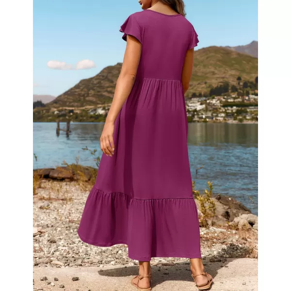 imageZESICA Womens 2024 Summer Casual Dresses Flutter Short Sleeve Crewneck Loose Flowy Tiered Beach Maxi Dress with PocketsPlum