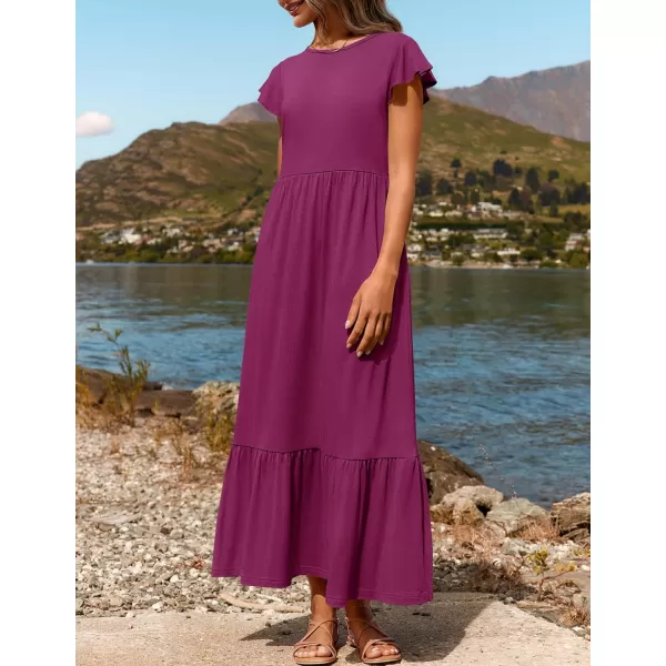 imageZESICA Womens 2024 Summer Casual Dresses Flutter Short Sleeve Crewneck Loose Flowy Tiered Beach Maxi Dress with PocketsPlum