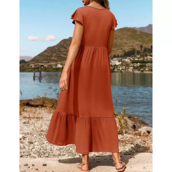 imageZESICA Womens 2024 Summer Casual Dresses Flutter Short Sleeve Crewneck Loose Flowy Tiered Beach Maxi Dress with PocketsRust