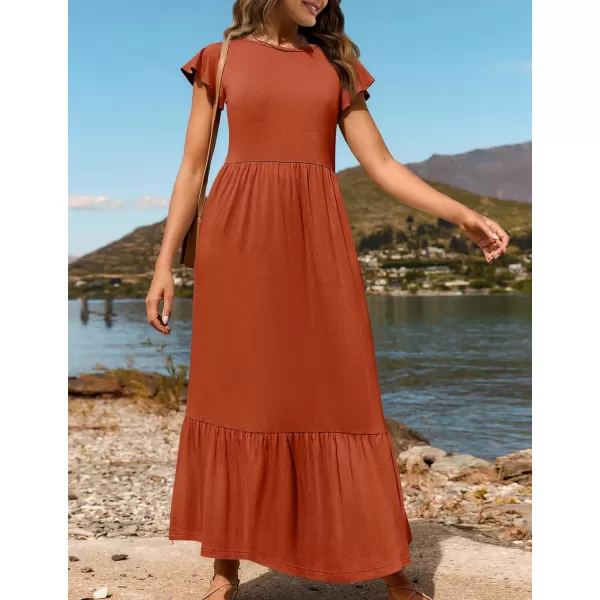 imageZESICA Womens 2024 Summer Casual Dresses Flutter Short Sleeve Crewneck Loose Flowy Tiered Beach Maxi Dress with PocketsRust