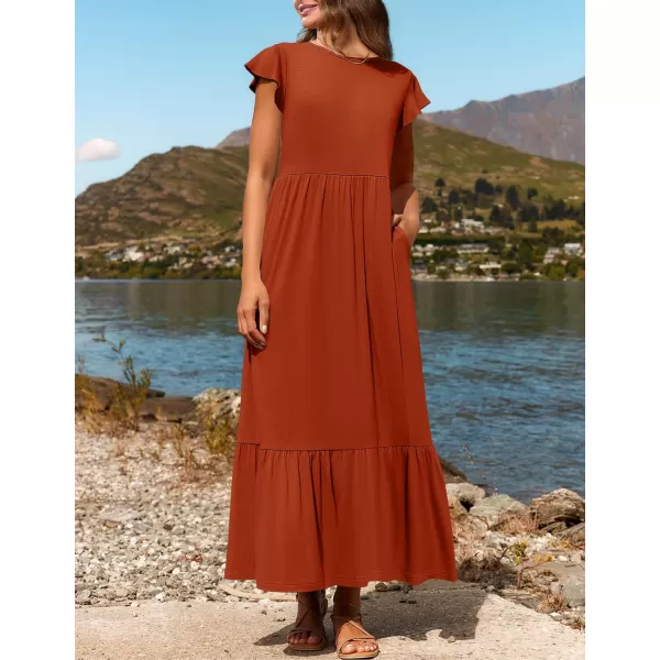 imageZESICA Womens 2024 Summer Casual Dresses Flutter Short Sleeve Crewneck Loose Flowy Tiered Beach Maxi Dress with PocketsRust