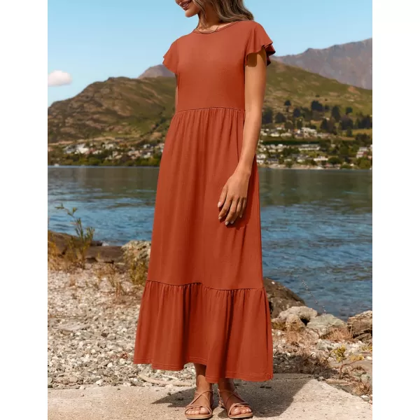 imageZESICA Womens 2024 Summer Casual Dresses Flutter Short Sleeve Crewneck Loose Flowy Tiered Beach Maxi Dress with PocketsRust