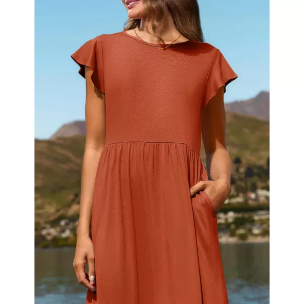 imageZESICA Womens 2024 Summer Casual Dresses Flutter Short Sleeve Crewneck Loose Flowy Tiered Beach Maxi Dress with PocketsRust