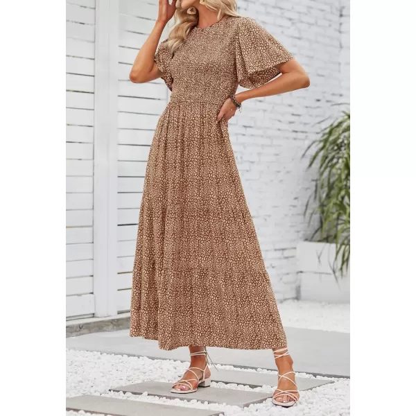 imageZESICA Womens 2024 Summer Casual Floral Print Short Flutter Sleeve Crew Neck Smocked High Waist Flowy Maxi DressBrown