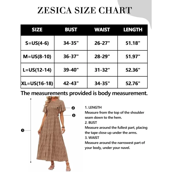 imageZESICA Womens 2024 Summer Casual Floral Print Short Flutter Sleeve Crew Neck Smocked High Waist Flowy Maxi DressBrown