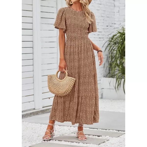 imageZESICA Womens 2024 Summer Casual Floral Print Short Flutter Sleeve Crew Neck Smocked High Waist Flowy Maxi DressBrown