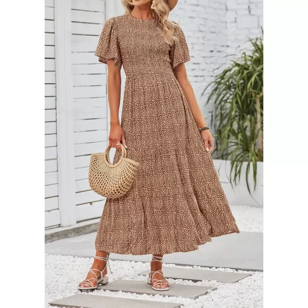 imageZESICA Womens 2024 Summer Casual Floral Print Short Flutter Sleeve Crew Neck Smocked High Waist Flowy Maxi DressBrown