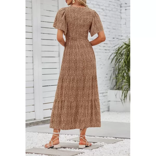 imageZESICA Womens 2024 Summer Casual Floral Print Short Flutter Sleeve Crew Neck Smocked High Waist Flowy Maxi DressBrown