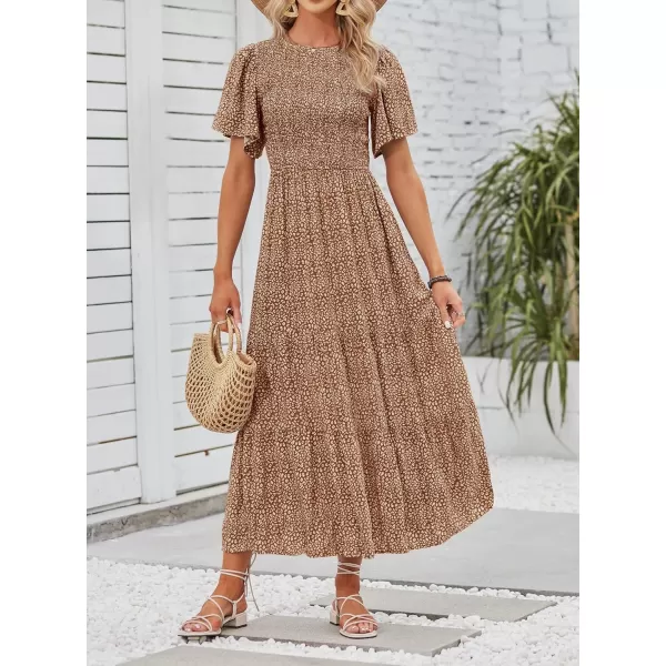 imageZESICA Womens 2024 Summer Casual Floral Print Short Flutter Sleeve Crew Neck Smocked High Waist Flowy Maxi DressBrown