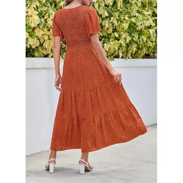 imageZESICA Womens 2024 Summer Casual Floral Print Short Flutter Sleeve Crew Neck Smocked High Waist Flowy Maxi DressCaramel