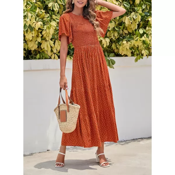 imageZESICA Womens 2024 Summer Casual Floral Print Short Flutter Sleeve Crew Neck Smocked High Waist Flowy Maxi DressCaramel