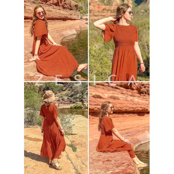 imageZESICA Womens 2024 Summer Casual Floral Print Short Flutter Sleeve Crew Neck Smocked High Waist Flowy Maxi DressCaramel