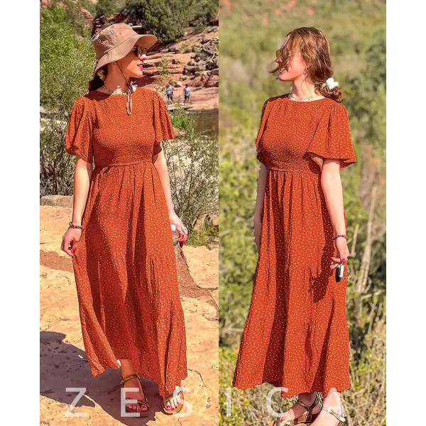 imageZESICA Womens 2024 Summer Casual Floral Print Short Flutter Sleeve Crew Neck Smocked High Waist Flowy Maxi DressCaramel