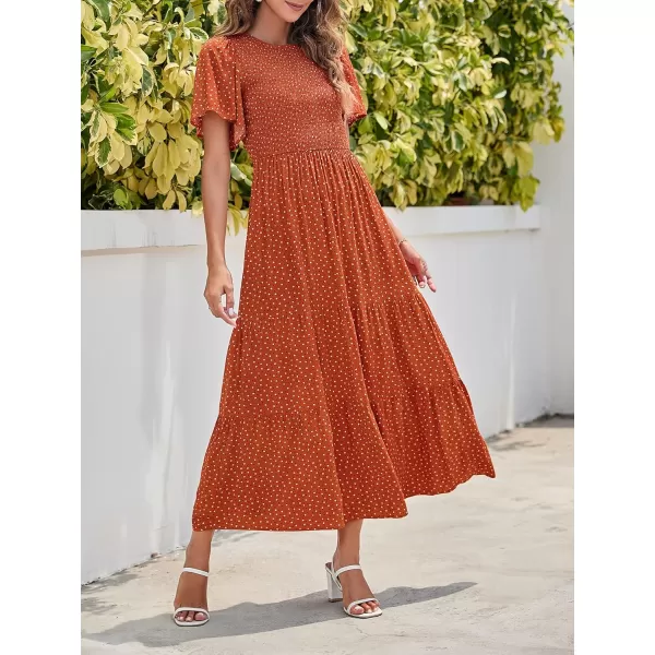 imageZESICA Womens 2024 Summer Casual Floral Print Short Flutter Sleeve Crew Neck Smocked High Waist Flowy Maxi DressCaramel