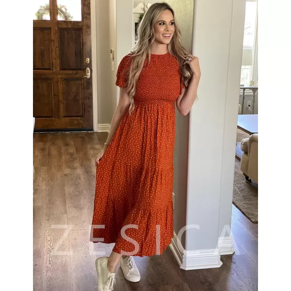 imageZESICA Womens 2024 Summer Casual Floral Print Short Flutter Sleeve Crew Neck Smocked High Waist Flowy Maxi DressCaramel